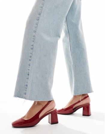 sling back block heeled mules in patent red