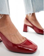 sling back block heeled mules in patent red