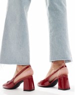 sling back block heeled mules in patent red