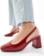 sling back block heeled mules in patent red