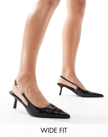 ‌Stylish Ankana slingback kitten heeled shoes in black croc patent