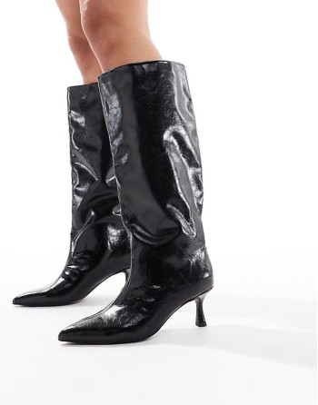 Wide Fit Crimson pull-on kitten heeled knee boots in black