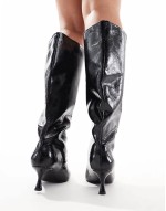 Wide Fit Crimson pull-on kitten heeled knee boots in black
