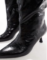 Wide Fit Crimson pull-on kitten heeled knee boots in black