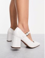 Wide Fit Selene mary jane mid block heeled shoes in white croc