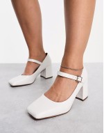 Wide Fit Selene mary jane mid block heeled shoes in white croc