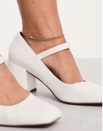 Wide Fit Selene mary jane mid block heeled shoes in white croc
