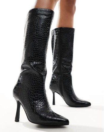 kitten heel knee boots in black croc