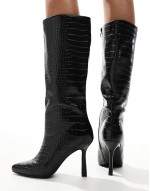 kitten heel knee boots in black croc