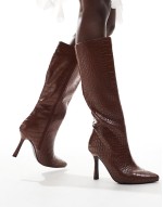 kitten heel knee boots in cognac croc