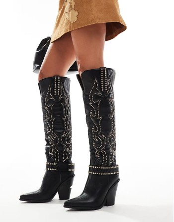 Maitia studded western knee boots in black