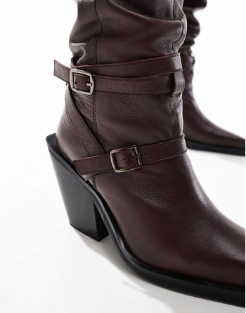 Kingfisher leather ruched over the knee boots with buckles in burgundy