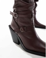 Kingfisher leather ruched over the knee boots with buckles in burgundy