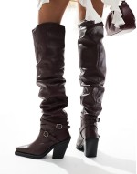 Kingfisher leather ruched over the knee boots with buckles in burgundy