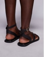 leather studded sandal with toe clip detail in brown