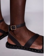 leather studded sandal with toe clip detail in brown