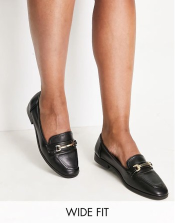 Wide Fit Verity loafer flat shoes with trim in black