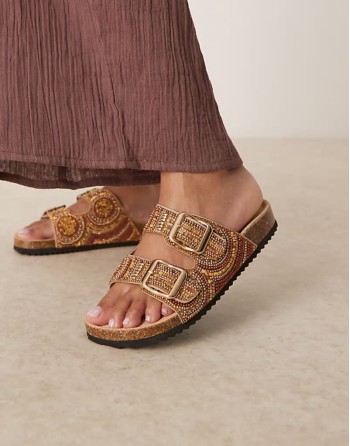 Funky beaded double strap flat mules in amber