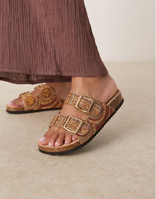 Funky beaded double strap flat mules in amber
