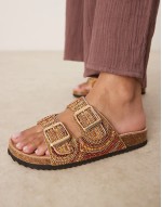 Funky beaded double strap flat mules in amber