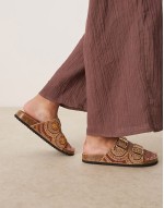 Funky beaded double strap flat mules in amber