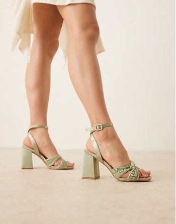 ‌Stylish Bridal Snle plisse block heeled sandals in sage