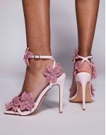 Romi high heeled sandal with embellished flowers in baby pink
